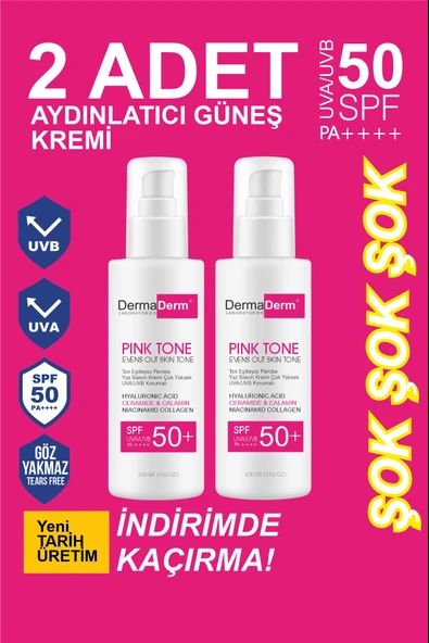 Dermaderm 2 Adet +50 SPF Pink Tone Aydınlatıcı Ton Eşitleyici Yüz Bakım ve Güneş Kremi 2 x 100 ml.