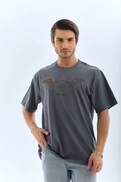 Unisex Oversize Taşlı Bisiklet Yaka T-Shirt - Füme - Resim 5