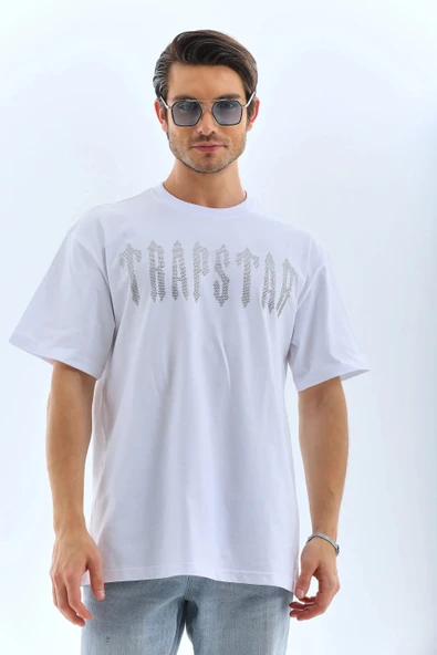 Unisex Oversize Taşlı Bisiklet Yaka T-Shirt - Beyaz - Resim 4