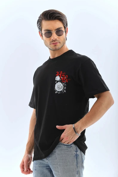 Unisex Oversize Baskılı Bisiklet Yaka T-Shirt - Siyah - Resim 6