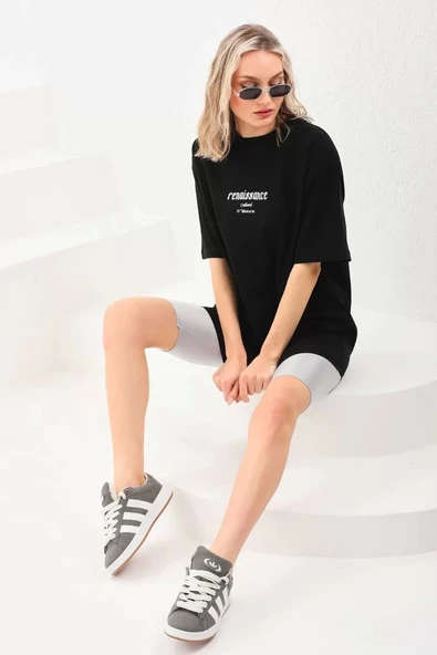 Unisex Baskılı Oversize T-Shirt - Siyah - Resim 8