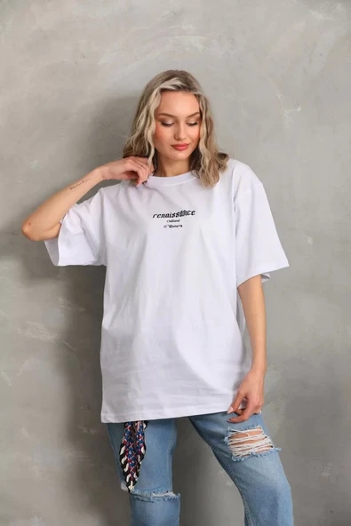 Unisex Baskılı Oversize T-Shirt - Beyaz ürün görseli 1