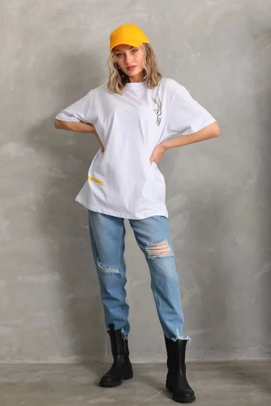 Unisex Baskılı Oversize T-Shirt - Beyaz - Resim 6