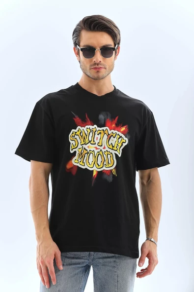 Unisex Oversize Baskılı Bisiklet Yaka T-Shirt - Siyah - Resim 6