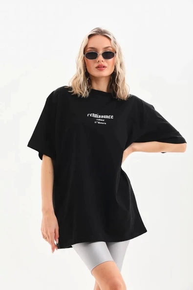 Unisex Baskılı Oversize T-Shirt - Siyah - Resim 5