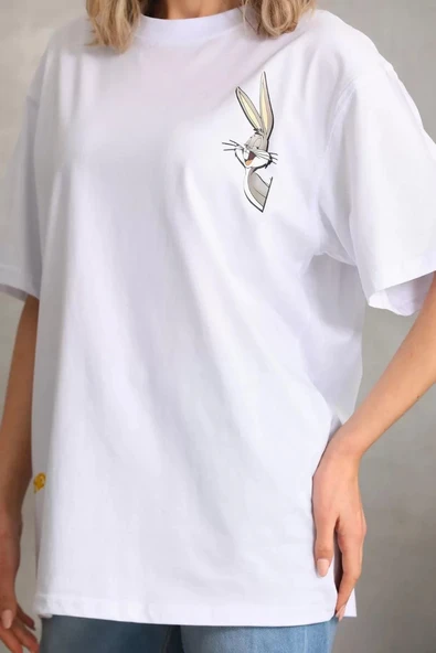 Unisex Baskılı Oversize T-Shirt - Beyaz - Resim 2