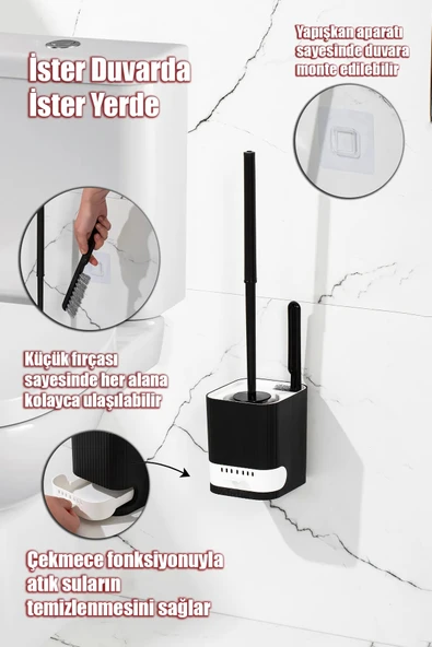 Tilbe Home Klozet Fırçası Banyo Tuvalet Wc Temizleme Fırçası 2li Temizlik Fırçası Hazneli Su Akıtmaz Siyah - Resim 3