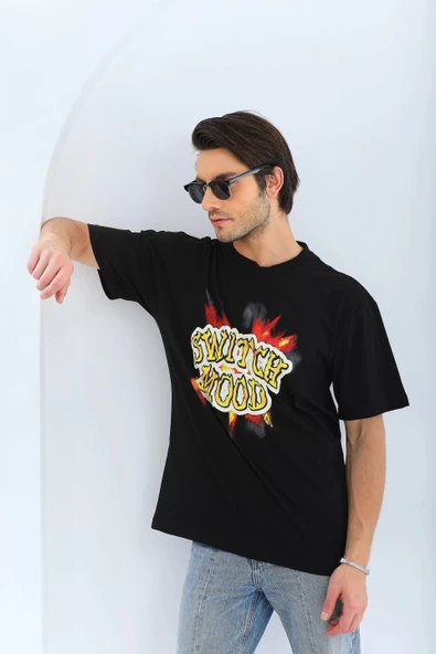 Unisex Oversize Baskılı Bisiklet Yaka T-Shirt - Siyah - Resim 7