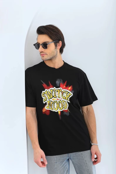 Unisex Oversize Baskılı Bisiklet Yaka T-Shirt - Siyah - Resim 8