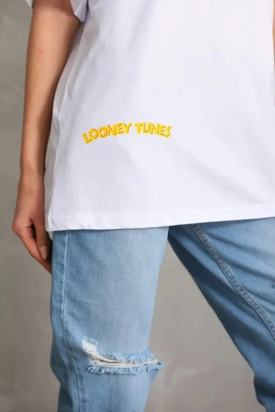 Unisex Baskılı Oversize T-Shirt - Beyaz - Resim 3