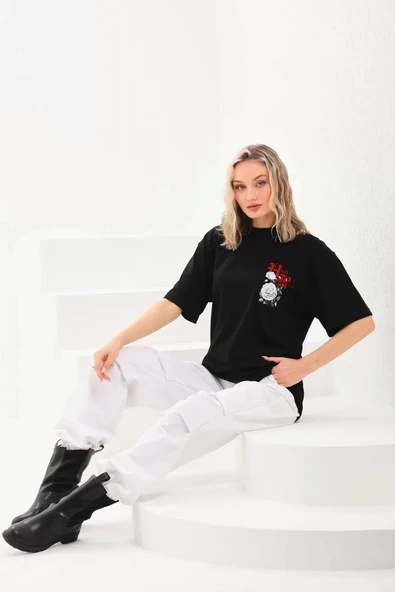 Unisex Baskılı Oversize T-Shirt - Siyah - Resim 5