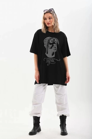 Unisex Taş Desenli Oversize T-Shirt - Siyah - Resim 6