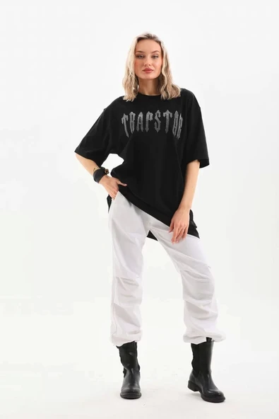 Unisex Taş Desenli Oversize T-Shirt - Siyah - Resim 5