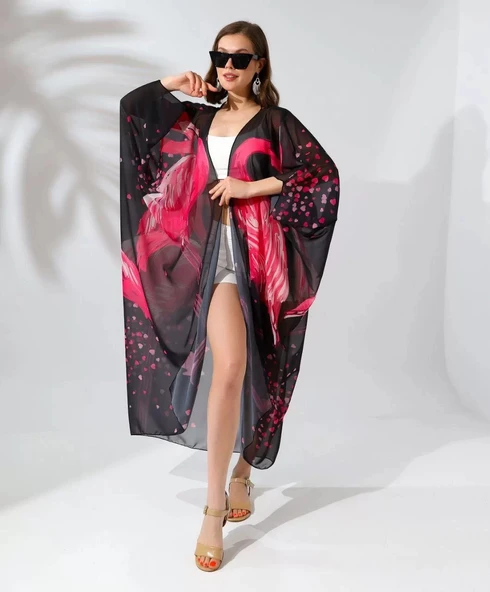 Kadın Rahat Kesim Şifon Kimono - Siyah - Resim 3