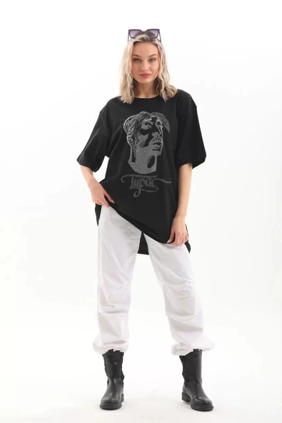 Unisex Taş Desenli Oversize T-Shirt - Siyah - Resim 8