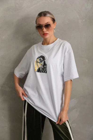 Unisex Baskılı Oversize T-Shirt - Beyaz - Resim 6