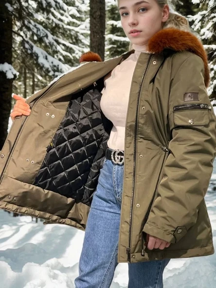 Kadın Su Geçirmez Kapüşonlu Mont - Haki - 5