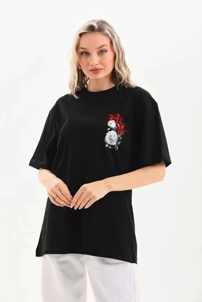 Unisex Baskılı Oversize T-Shirt - Siyah - Resim 2
