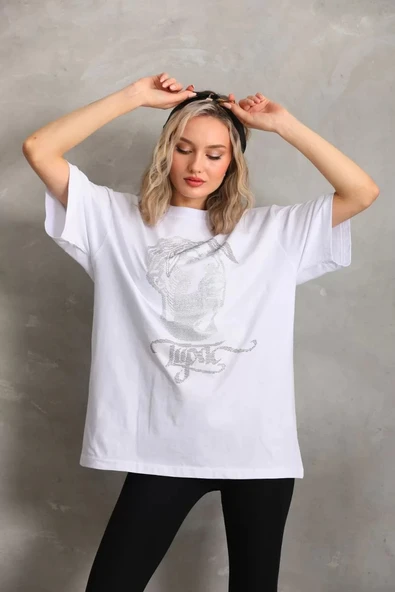Unisex Taş Desenli Oversize T-Shirt - Beyaz - Resim 6