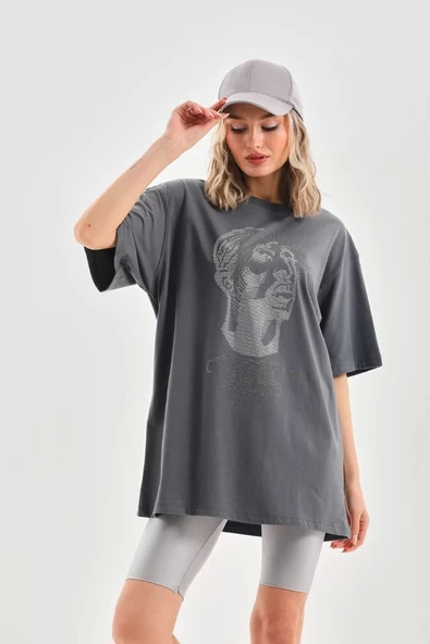Unisex Taş Desenli Oversize T-Shirt - Füme - Resim 4
