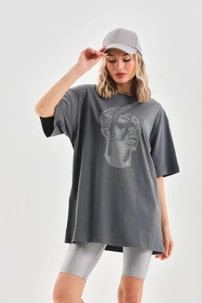 Unisex Taş Desenli Oversize T-Shirt - Füme - Resim 7