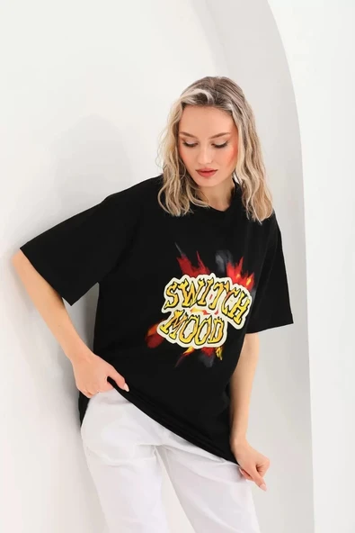 Unisex Baskılı Oversize T-Shirt - Siyah - Resim 7