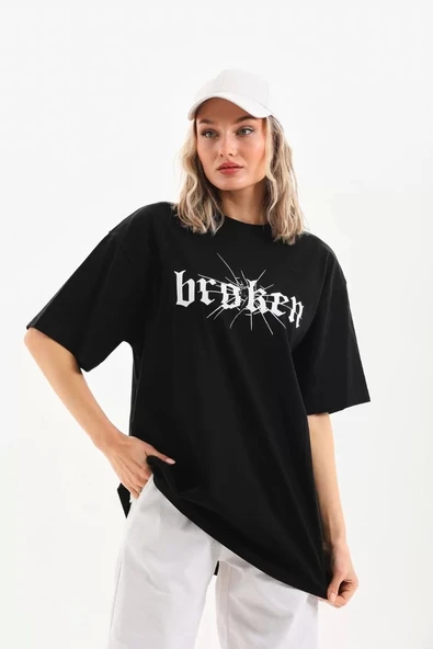 Unisex Baskılı Oversize T-Shirt - Siyah - Resim 5