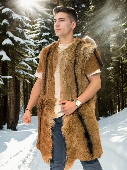 Unisex Kolsuz Uzun Yelek - Kahve - 4