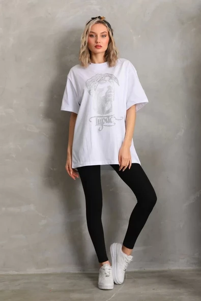 Unisex Taş Desenli Oversize T-Shirt - Beyaz - Resim 7