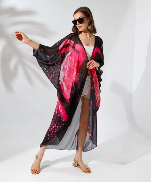 Kadın Rahat Kesim Şifon Kimono - Siyah - Resim 6