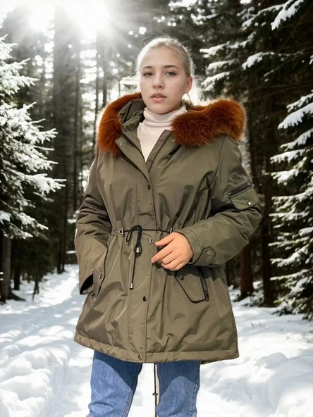 Kadın Su Geçirmez Kapüşonlu Mont - Haki - 3