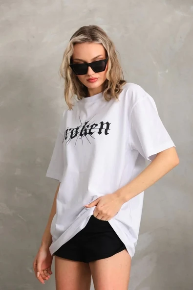 Unisex Baskılı Oversize T-Shirt - Beyaz - Resim 7