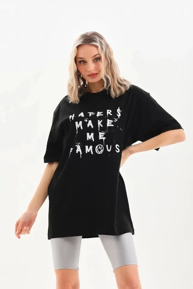 Unisex Baskılı Oversize T-Shirt - Siyah - Resim 3