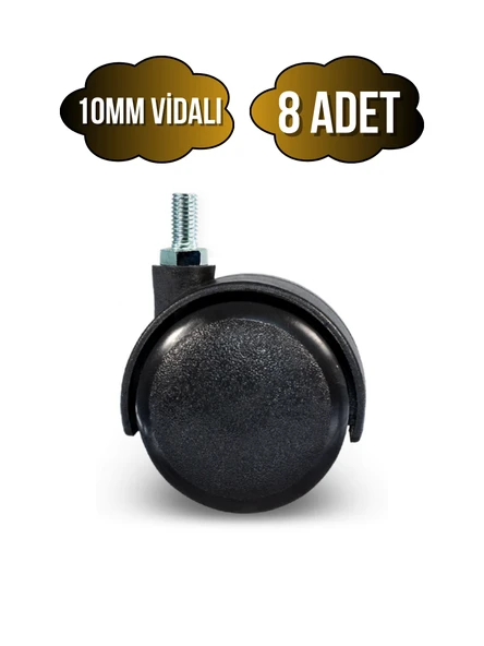 Vidalı Masa Tekeri Sandalye ve Koltuk Tekeri(10MM)(50MM)(SİYAH) Siyah 10mm SİYAH - 8 ADET ürün görseli
