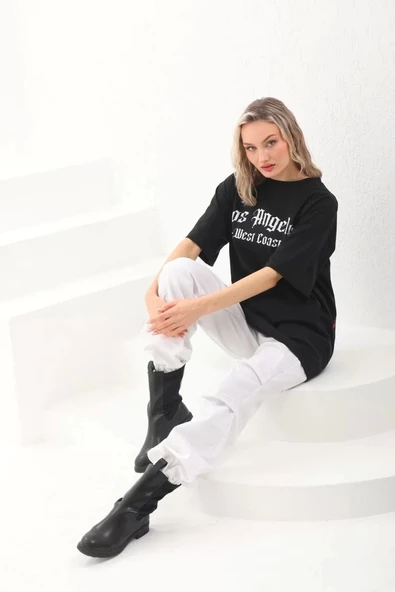 Unisex Baskılı Oversize T-Shirt - Siyah - 5