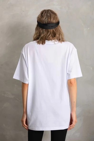 Unisex Taş Desenli Oversize T-Shirt - Beyaz - Resim 2