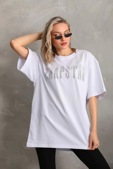 Unisex Taş Desenli Oversize T-Shirt - Beyaz - Resim 4
