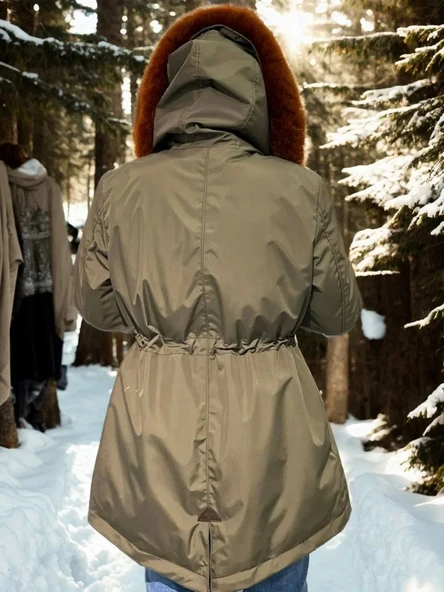 Kadın Su Geçirmez Kapüşonlu Mont - Haki - 2