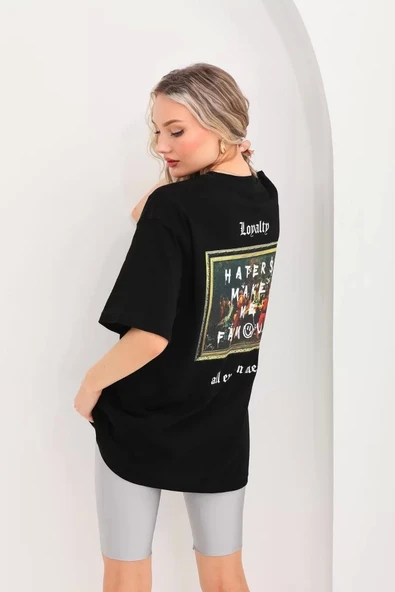 Unisex Baskılı Oversize T-Shirt - Siyah - Resim 7