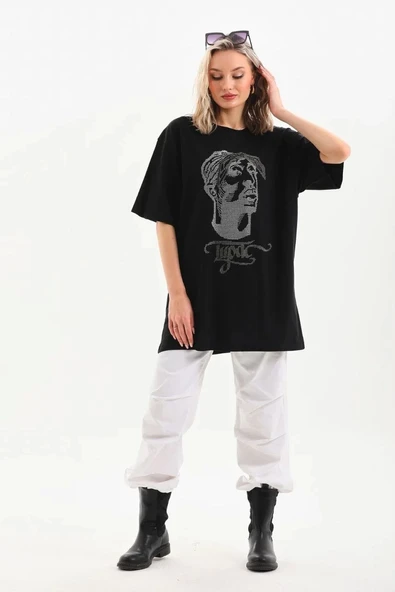 Unisex Taş Desenli Oversize T-Shirt - Siyah - Resim 4