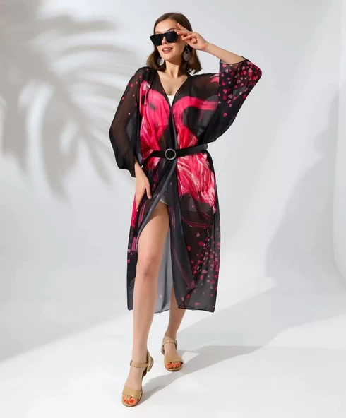 Kadın Rahat Kesim Şifon Kimono - Siyah - Resim 5