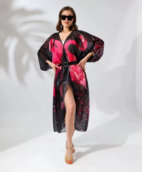 Kadın Rahat Kesim Şifon Kimono - Siyah - Resim 7