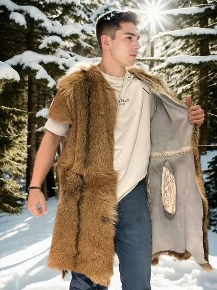 Unisex Kolsuz Uzun Yelek - Kahve - 3