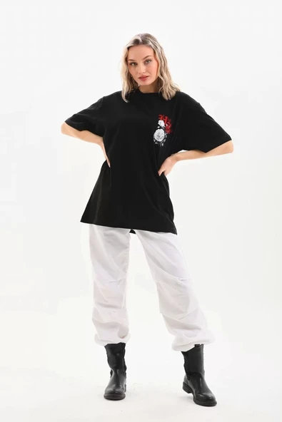 Unisex Baskılı Oversize T-Shirt - Siyah - Resim 6