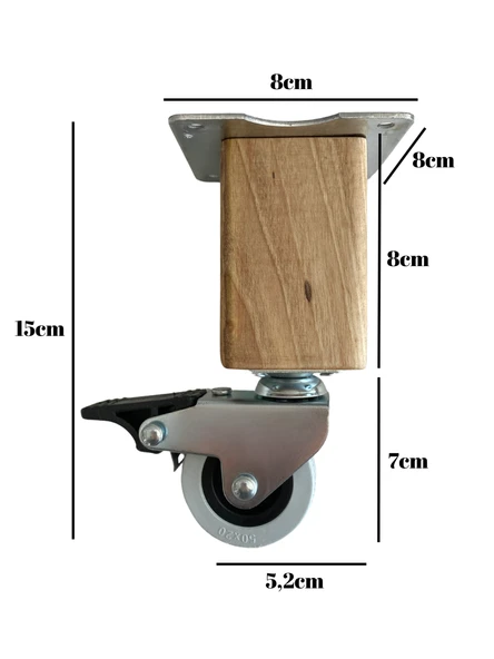 Kale Ahşap Tekerli Ayak Mobilya Masa Dolap Tekerli Ayağı(FRENLİ)(12CM - 15CM)(CEVİZ AĞACI) Açık Ceviz 15cm FRENLİ 15cm - 1 ADET - Resim 5