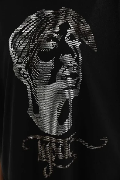 Unisex Taş Desenli Oversize T-Shirt - Siyah - Resim 2