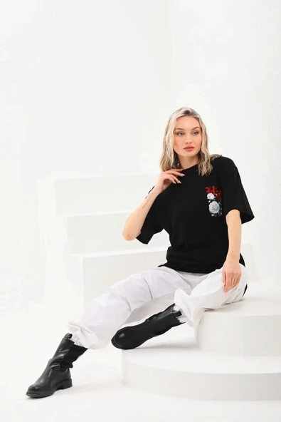 Unisex Baskılı Oversize T-Shirt - Siyah - Resim 7