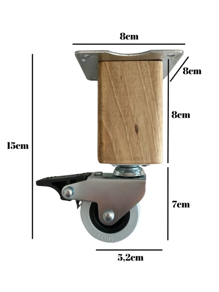 Kale Ahşap Tekerli Ayak Mobilya Masa Dolap Tekerli Ayağı(FRENLİ)(12CM - 15CM)(CEVİZ AĞACI) Açık Ceviz 15cm FRENLİ 15cm - 2 ADET - Resim 5