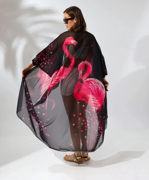 Kadın Rahat Kesim Şifon Kimono - Siyah - Resim 2