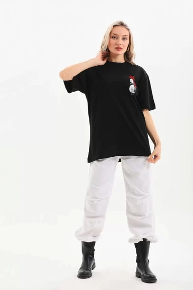 Unisex Baskılı Oversize T-Shirt - Siyah - Resim 3